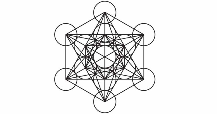 A black and white graphic representation of Metatron's Cube, a complex geometric pattern composed of 13 interconnected circles with lines connecting their centers. The pattern is symmetric and intricate, resembling a three-dimensional cube when viewed from certain angles.