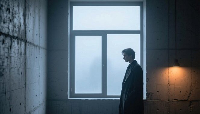 A man stands alone in a darkened room looking out through a window, his silhouette framed by the light outside.