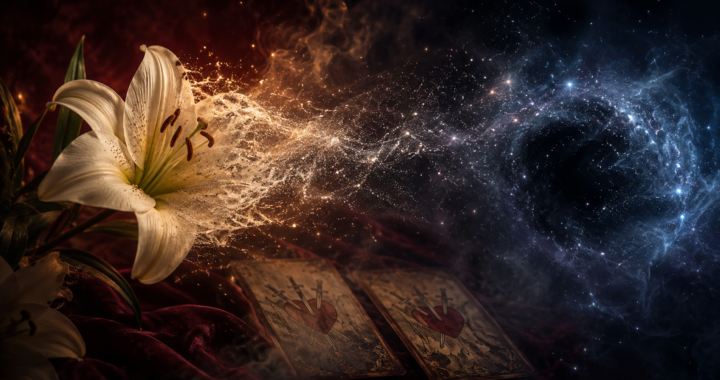 A white lily flower on the left side of the frame partially dissolving into golden stardust, embers, and ethereal smoke, which stream across the image toward a swirling cosmic void filled with blue stars on the right. In the dim background, two vintage Tarot cards featuring the Three of Swords design rest flat on a dark red, crushed velvet cloth. The lighting transitions from warm amber on the left to cold cosmic navy blue on the right. For the article Can a Psychic Predict Death?