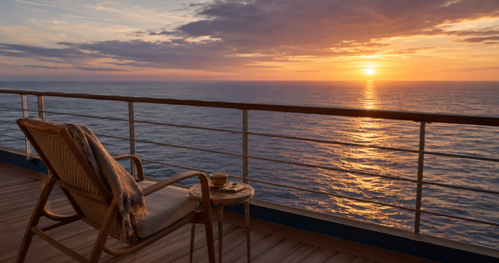 An empty deck chair overlooking the ocean at sunset, symbolizing sacred rest and slowing down.