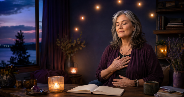 Mature woman meditating in a peaceful study space while six warm lights glow around her.