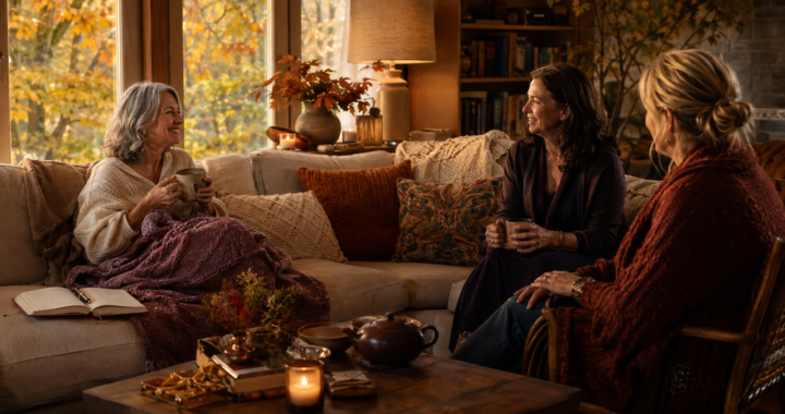 Three mature women sharing warm drinks and conversation in a cozy autumn living room.