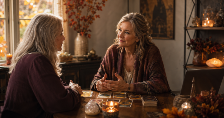 Two mature women sharing a warm, personal tarot reading while a laptop sits off to the side.